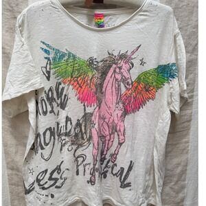 Magnolia Pearl 🦄 More Magic 🌈 T-Shirt Unicorn Pegasus Distressed OS White  NWT